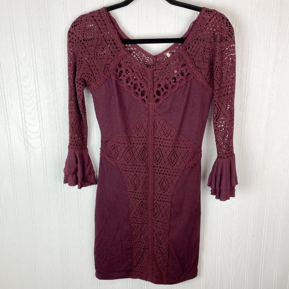 Free People City Girl‎ Bodycon Dress Maroon crochet & lace detail size XS